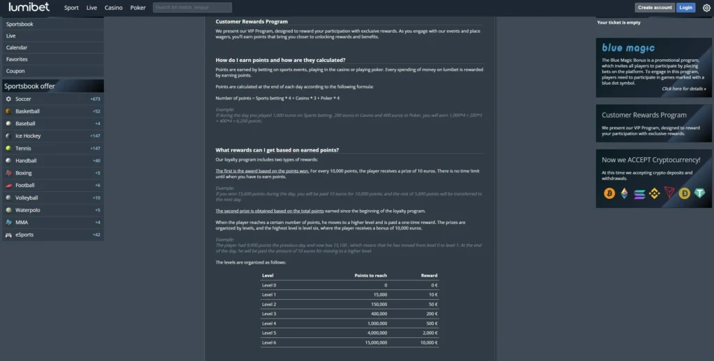 Lumibet rewards program.