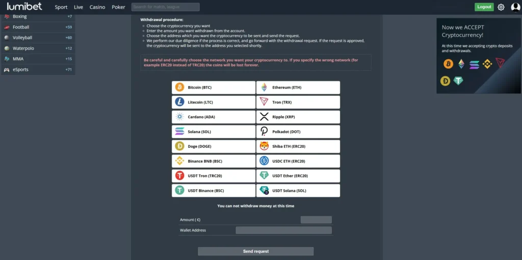 Lumibet withdrawal methods.
